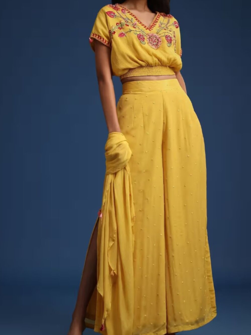 KALKI Yellow Embroidered Crop Top Palazzo Dupatta Set